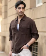 Coffee Brown Linen Blend Zipper Shirt
