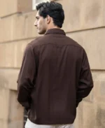 Coffee Brown Linen Blend Zipper Shirt - Image 8