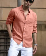 Coral Orange Linen Blend Shirt