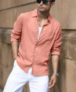 Coral Orange Linen Blend Shirt - Image 3