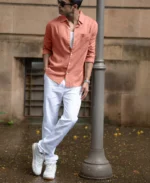 Coral Orange Linen Blend Shirt - Image 7