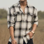 Cream Checked Structured Oversize Drop Shoulder Shirt