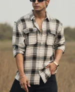 Cream Checked Structured Oversize Drop Shoulder Shirt