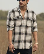 Cream Checked Structured Oversize Drop Shoulder Shirt - Image 3