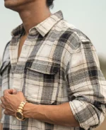 Cream Checked Structured Oversize Drop Shoulder Shirt - Image 5