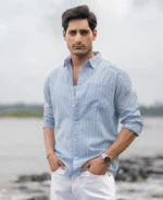 Dark Blue Cotton Stripe Shirt - Image 2