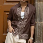 Dark Brown Linen Blend Embroidery Shirt