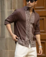 Dark Brown Linen Blend Embroidery Shirt - Image 3