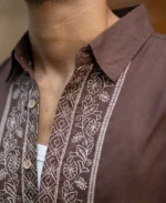 Dark Brown Linen Blend Embroidery Shirt - Image 4