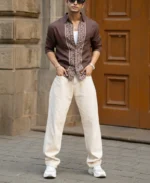 Dark Brown Linen Blend Embroidery Shirt - Image 6