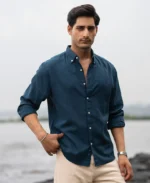 Dark Teal Linen Blend Shirt