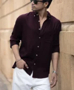 Dark Wine Linen Blend Shirt - Image 6