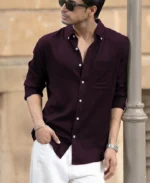 Dark Wine Linen Blend Shirt