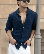 Denim Knit Structured Stripe Shirt - Image 6