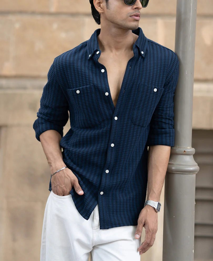 Denim Knit Structured Stripe Shirt2 Denim Knit Structured Stripe Shirt - Image 1