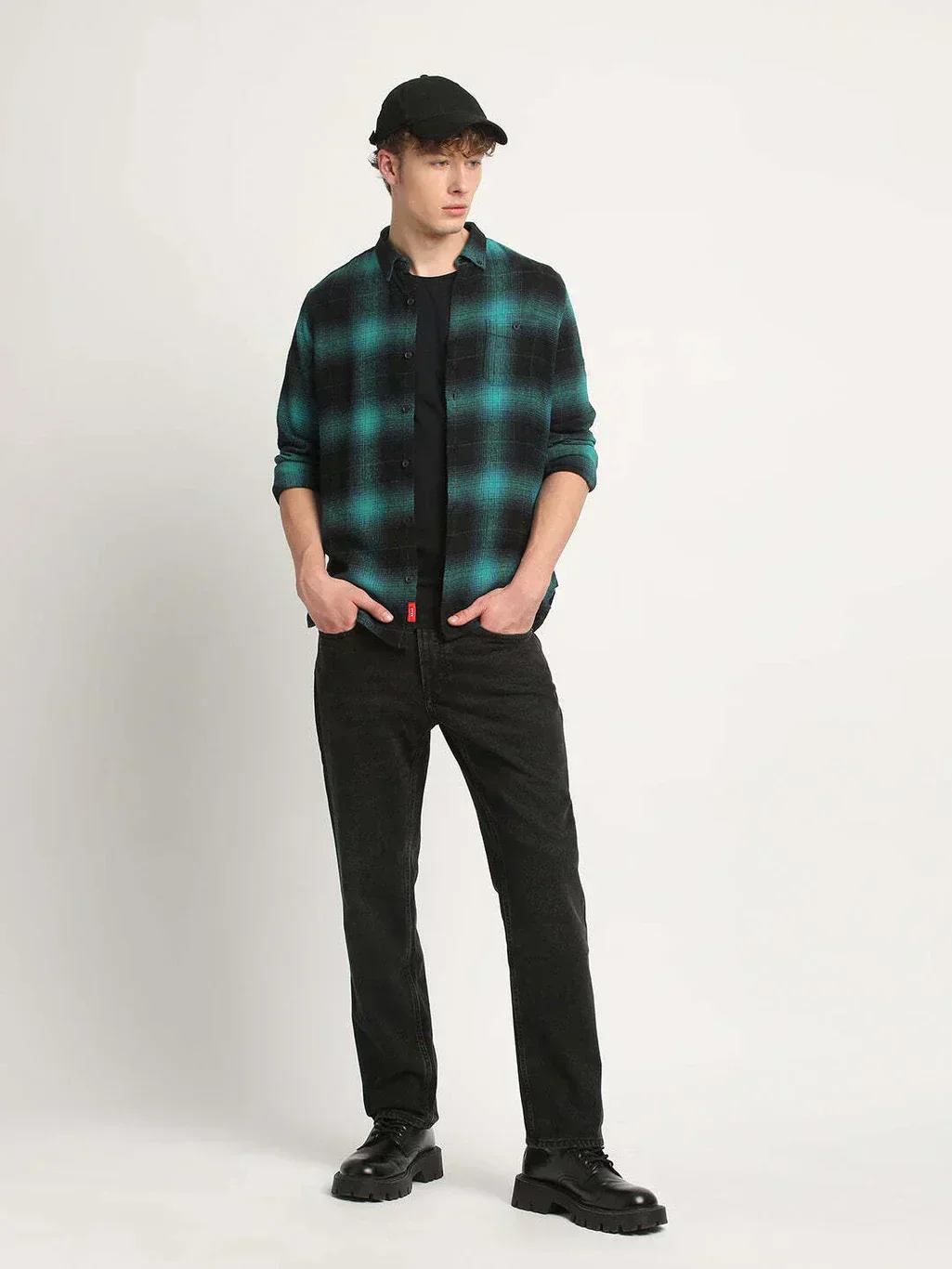 Men’s Teal & Black Plaid Casual Shirt 2 Men’s Teal & Black Plaid Casual Shirt - Image 1