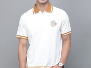 men’s white polo t shirt with contrast collar & hem detail