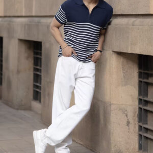 blue knitted stripe polo t shirt