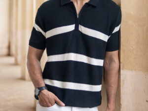 black striped knit polo t shirt