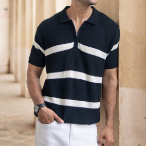 black striped knit polo t shirt