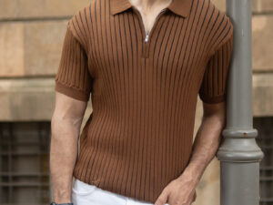 brown striped knit polo t shirt