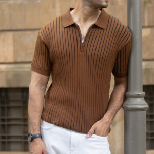 brown striped knit polo t shirt
