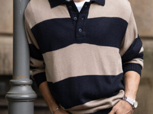 beige and black striped polo t shirt