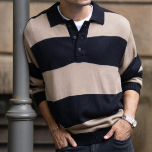 beige and black striped polo t shirt