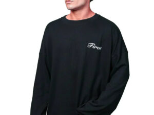 black oversized ribbed t shirt with minimal text print