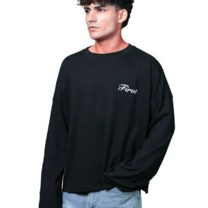 black oversized ribbed t shirt with minimal text print