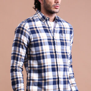 men blue & grey checks slim fit cotton casual shirt
