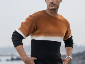 brown and black stripe knit t shirt