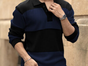blue structured knit striped t shirt