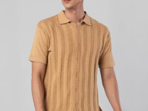 men’s beige ribbed polo t shirt | premium slim fit casual wear