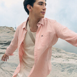 pink cotton linen slim fit solid casual shirt