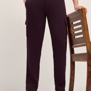 maroon textured waffle weave straight fit cargo pants with flap pockets