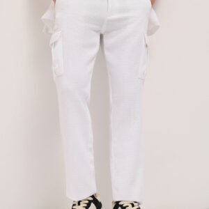 white textured waffle weave straight fit cargo pants with flap pockets