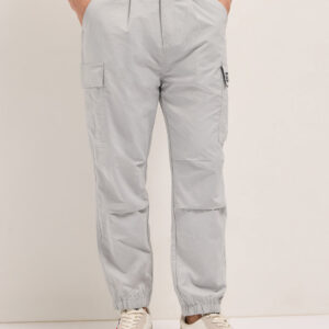 grey nylon relaxed fit cargo pants with utility pockets
