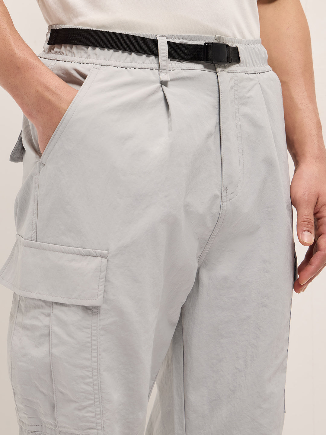 grey nylon relaxed fit cargo pants with utility pockets grey nylon relaxed fit cargo pants with utility pockets