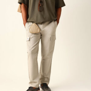 beige solid straight fit cargo trousers with flap pockets