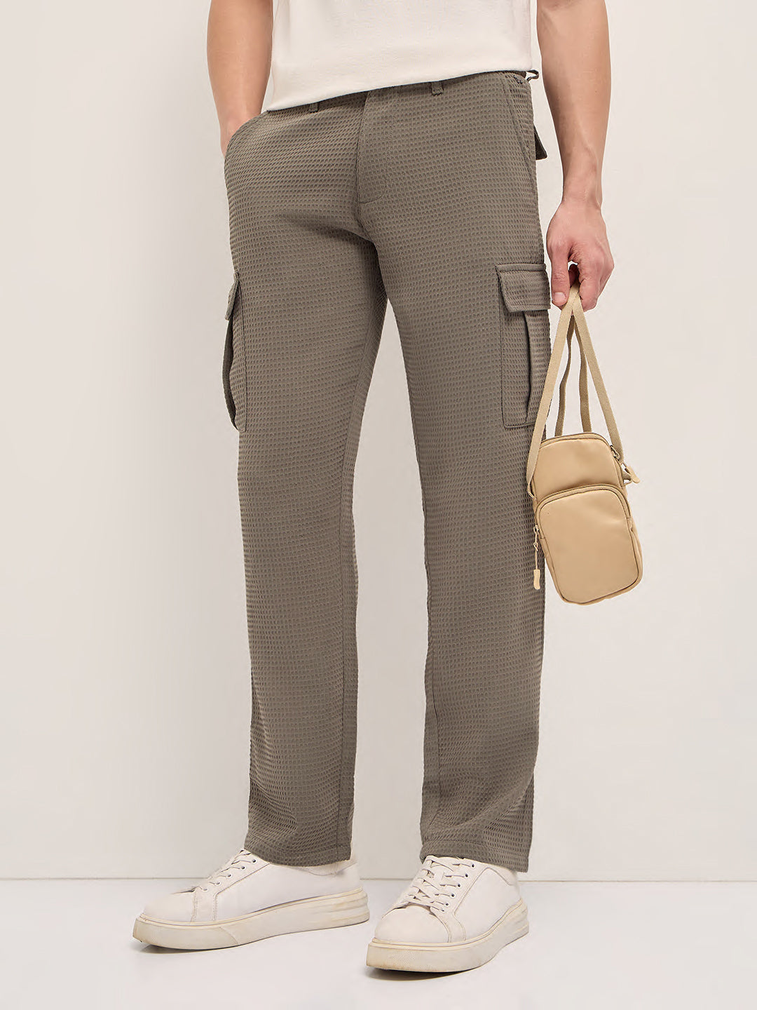 olive textured waffle weave straight fit cargo pants with flap pockets olive textured waffle weave straight fit cargo pants with flap pockets