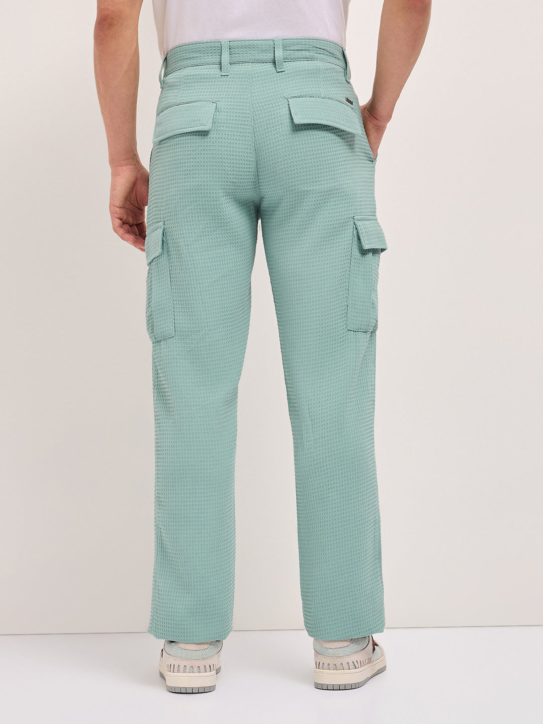 teal textured waffle weave straight fit cargo pants with flap pockets teal textured waffle weave straight fit cargo pants with flap pockets