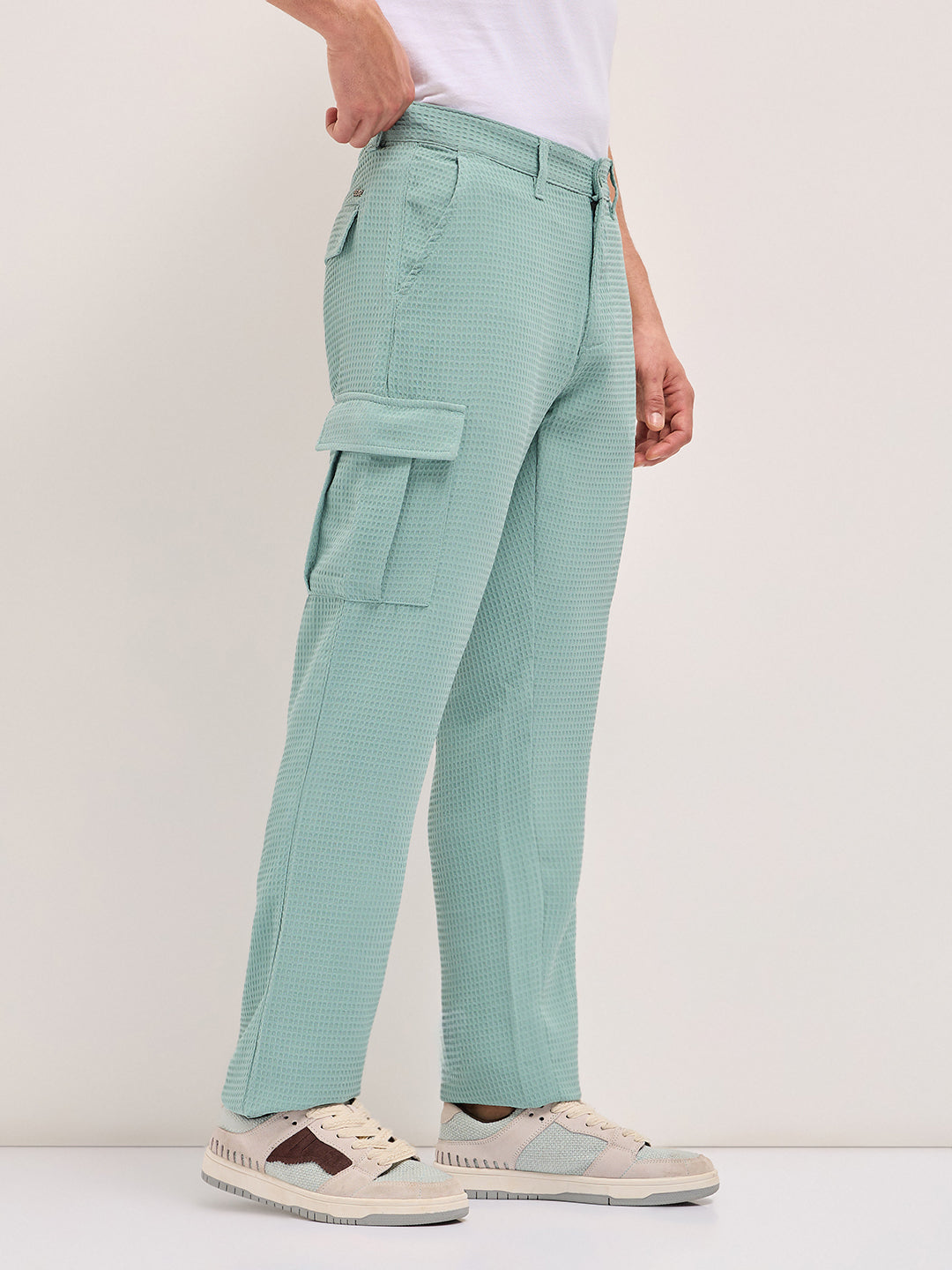 teal textured waffle weave straight fit cargo pants with flap pockets teal textured waffle weave straight fit cargo pants with flap pockets