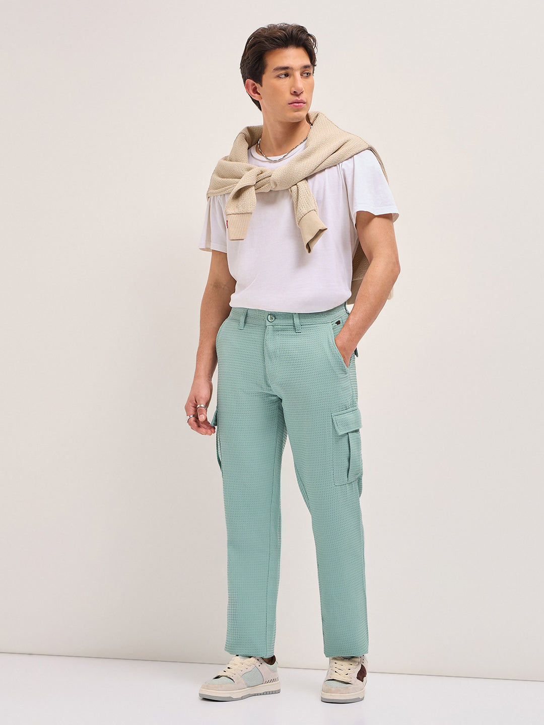 teal textured waffle weave straight fit cargo pants with flap pockets teal textured waffle weave straight fit cargo pants with flap pockets