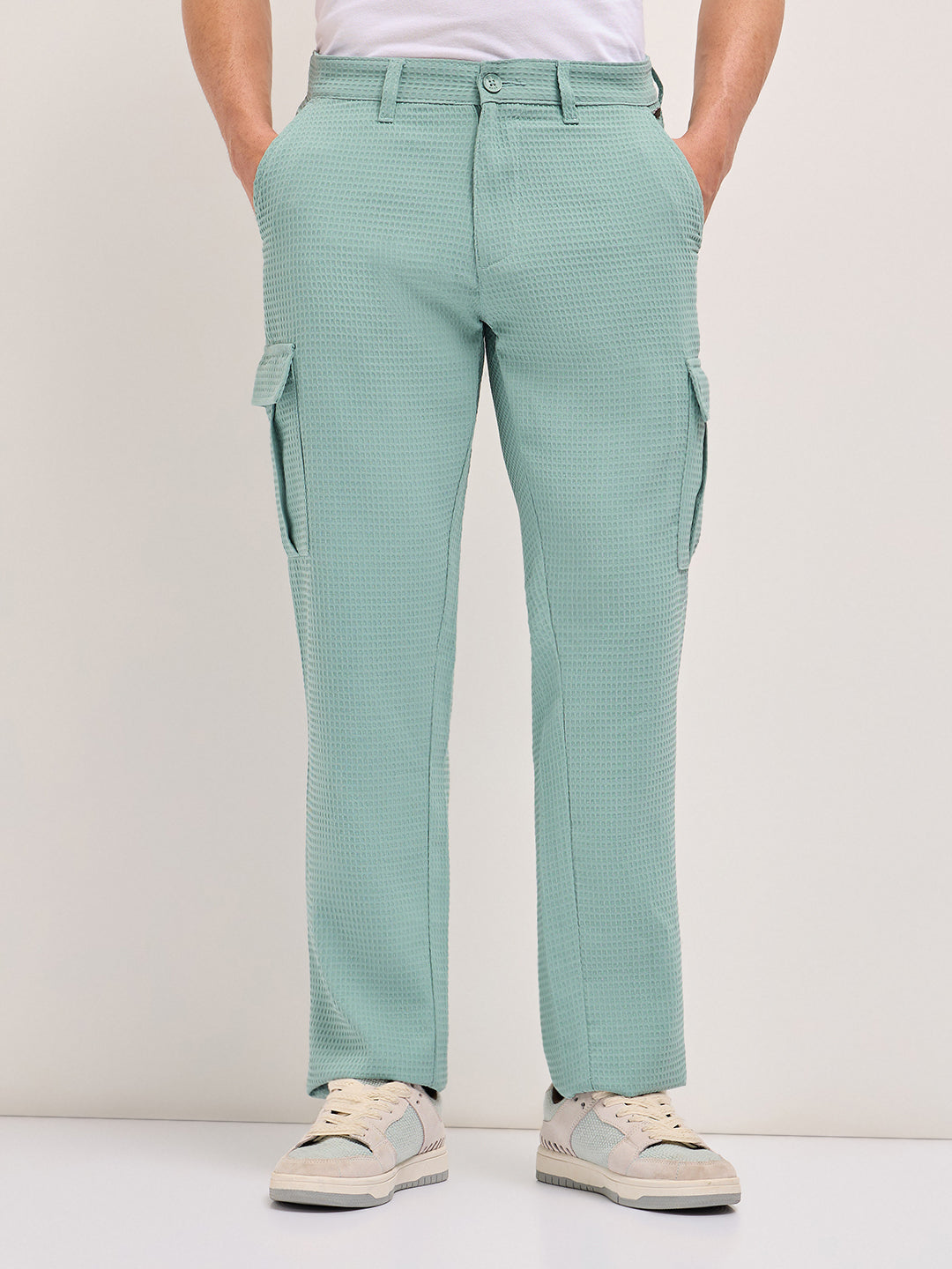 teal textured waffle weave straight fit cargo pants with flap pockets teal textured waffle weave straight fit cargo pants with flap pockets