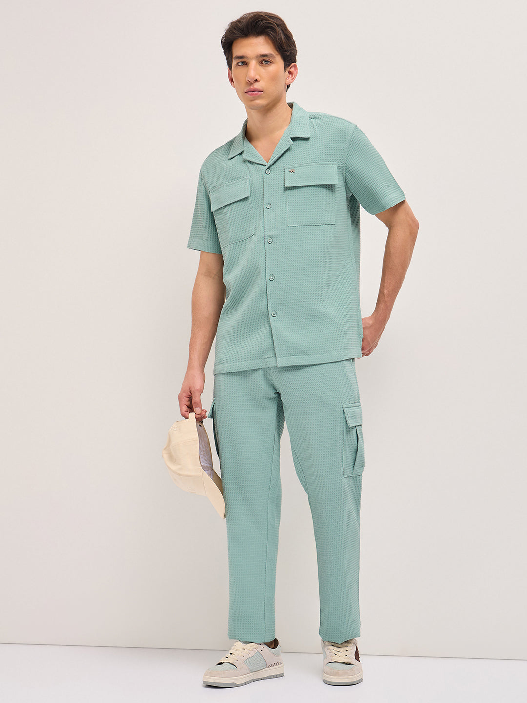 teal textured waffle weave straight fit cargo pants with flap pockets teal textured waffle weave straight fit cargo pants with flap pockets