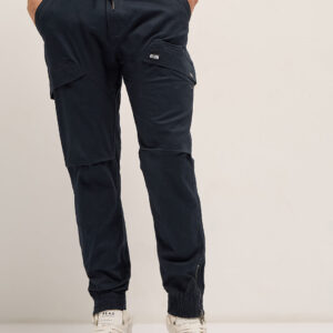 navy blue cotton relaxed fit cargo pants with elastic waist and utility pockets