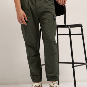 olive nylon relaxed fit cargo pants with utility pockets