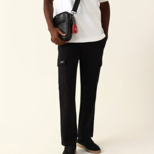black solid straight fit cargo trousers with flap pockets