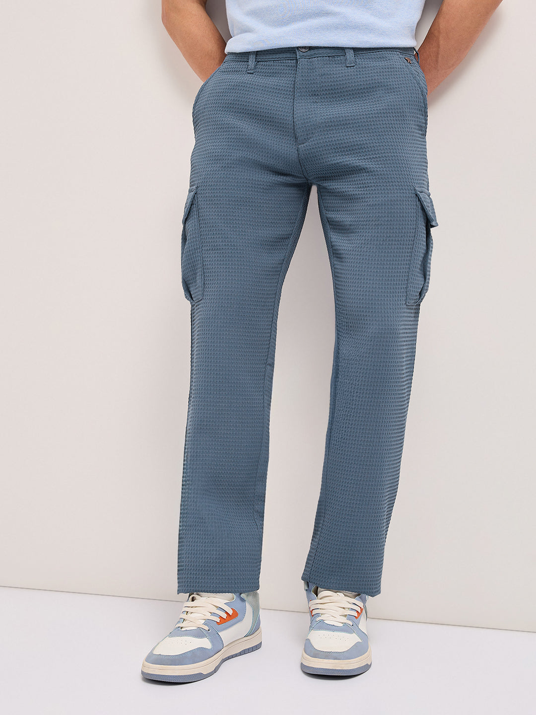 blue textured waffle weave straight fit cargo pants with flap pockets blue textured waffle weave straight fit cargo pants with flap pockets